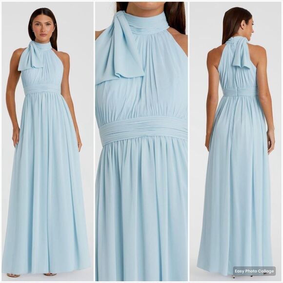 Mac Duggal 55035 Womens Blue High Neck Chiffon Gown with Bow - Picture 1 of 13